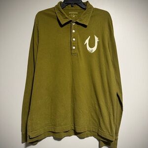 True Religion Olive Long-Sleeve Polo with White Logo
